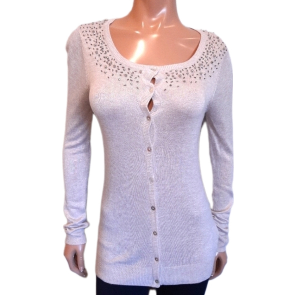 COSTA BLANCA Beaded Button Front Cardigan Sweater Soft Viscose Knit